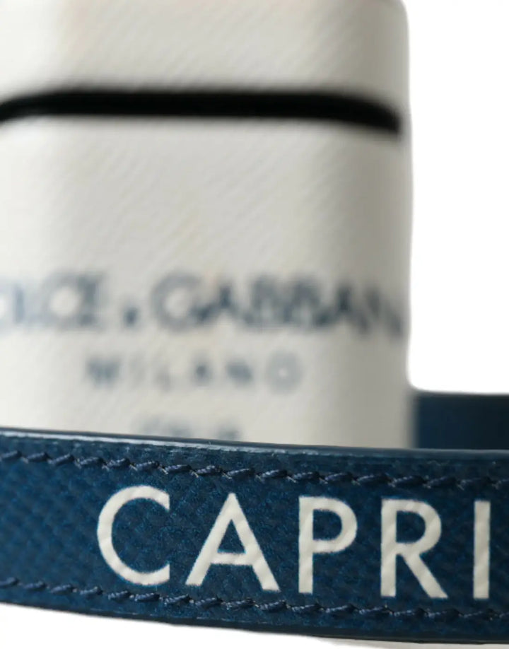 Dolce &amp; Gabbana White Blue Calf Leather Logo Print Strap Airpods Case