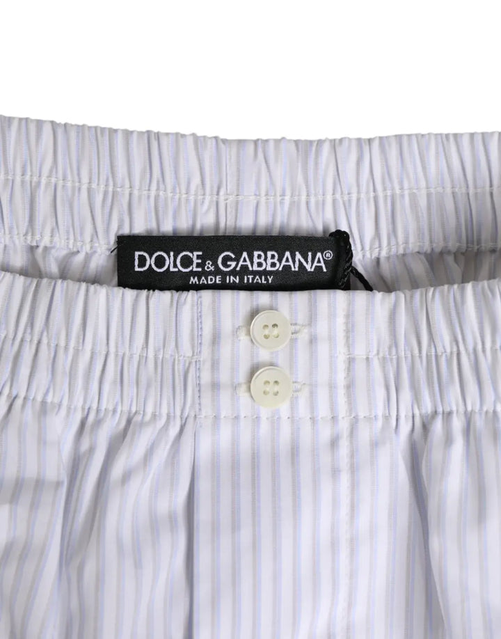 Dolce &amp; Gabbana White Blue Cotton Striped Button Fly Shorts Swimwear