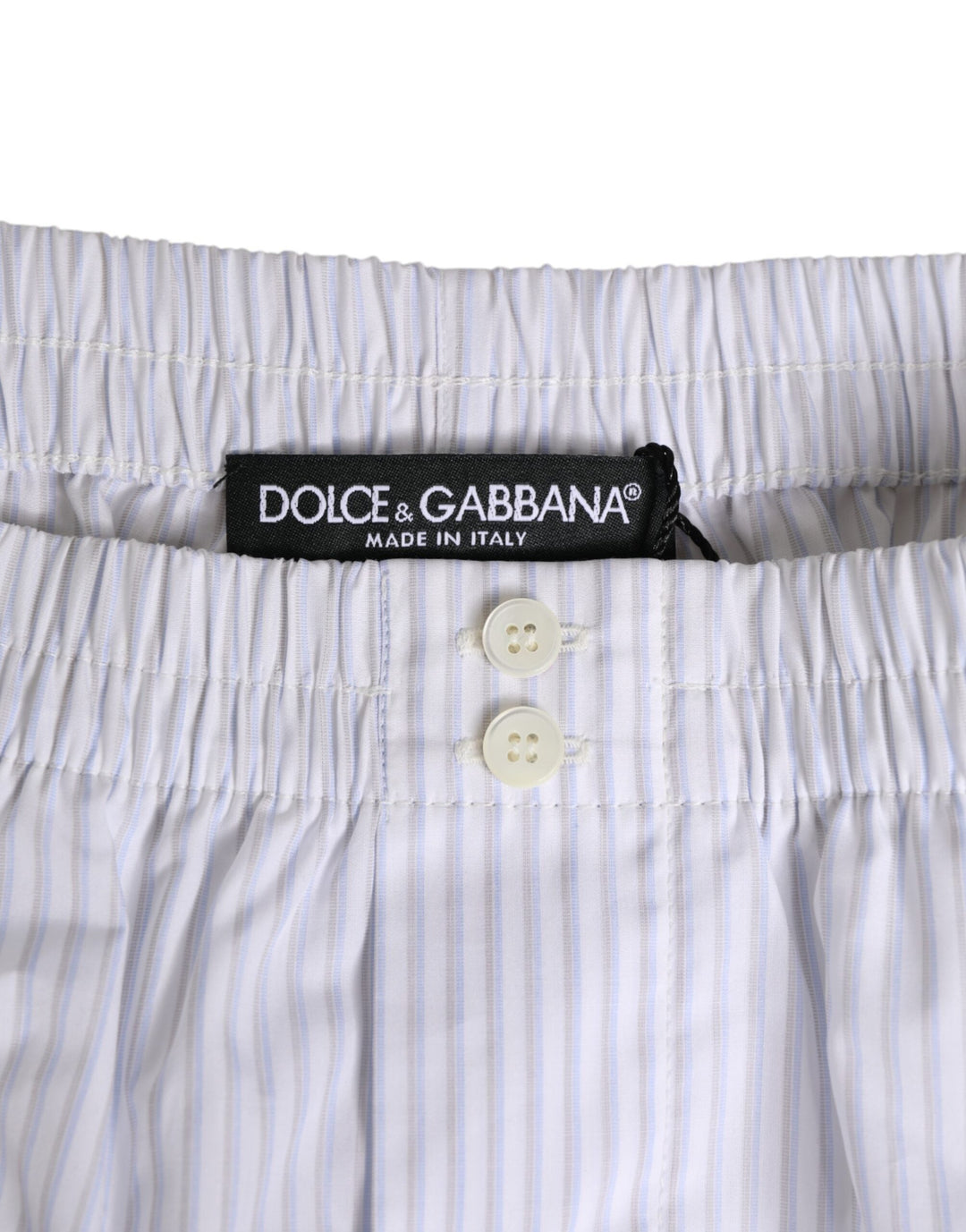 Dolce &amp; Gabbana White Blue Cotton Striped Button Fly Shorts Swimwear