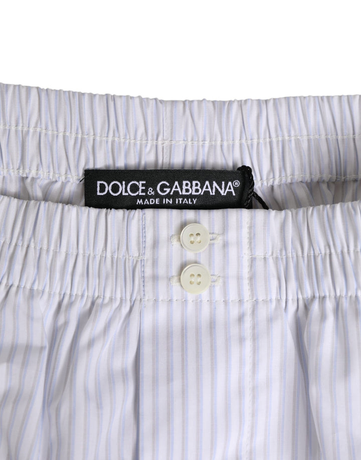 Dolce &amp; Gabbana White Blue Cotton Striped Button Fly Shorts Swimwear