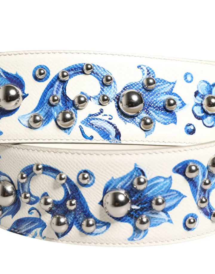 Dolce &amp; Gabbana White Blue Floral Leather Stud Accessory Shoulder Strap