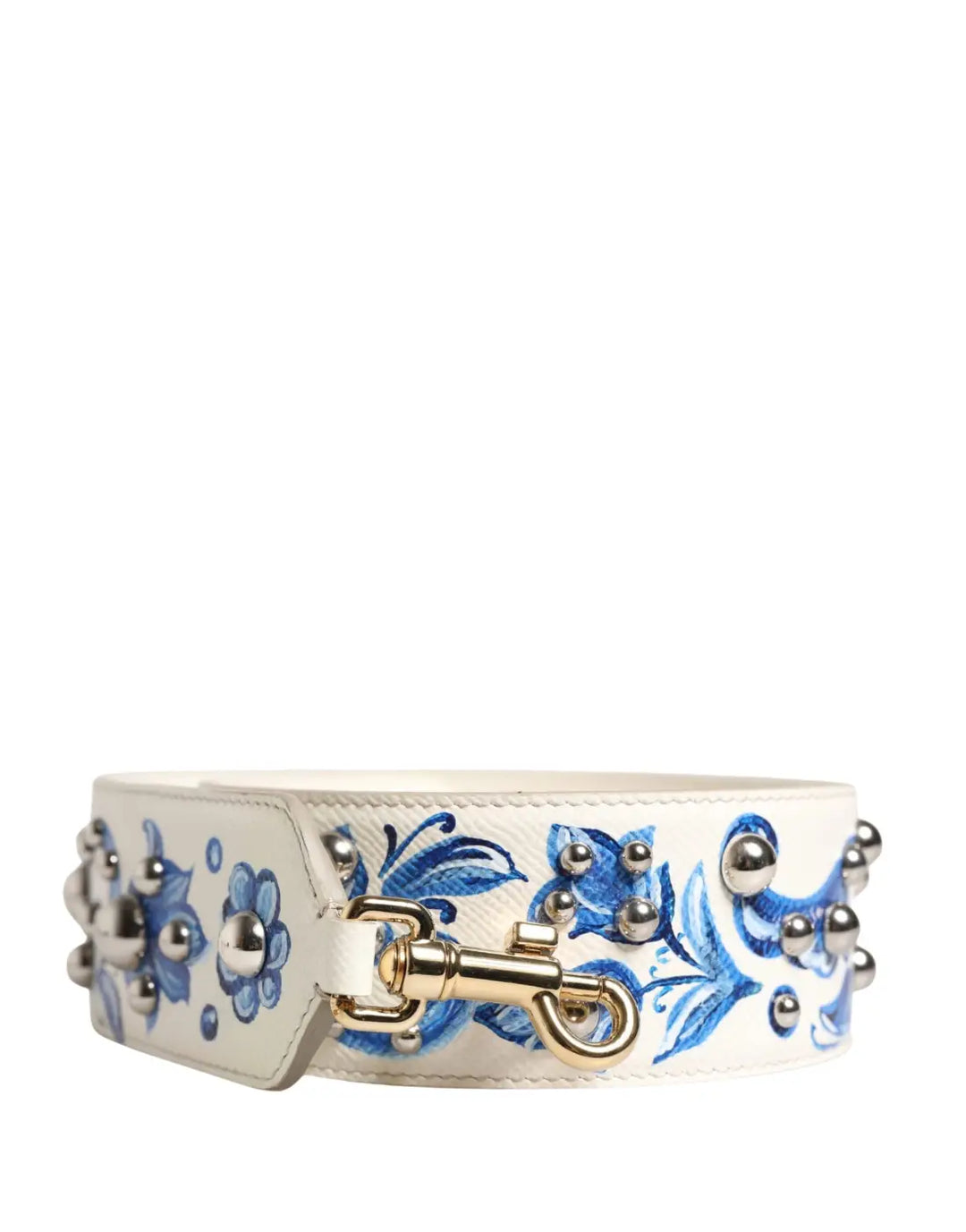Dolce &amp; Gabbana White Blue Floral Leather Stud Accessory Shoulder Strap