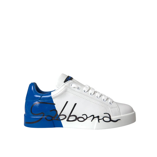 Dolce Gabbana White Blue Leather Logo Low Sneakers &