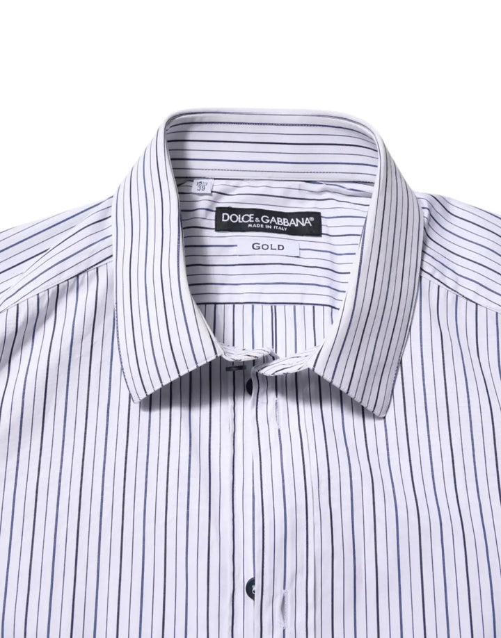 Dolce &amp; Gabbana White Blue Striped Cotton GOLD Formal Shirt
