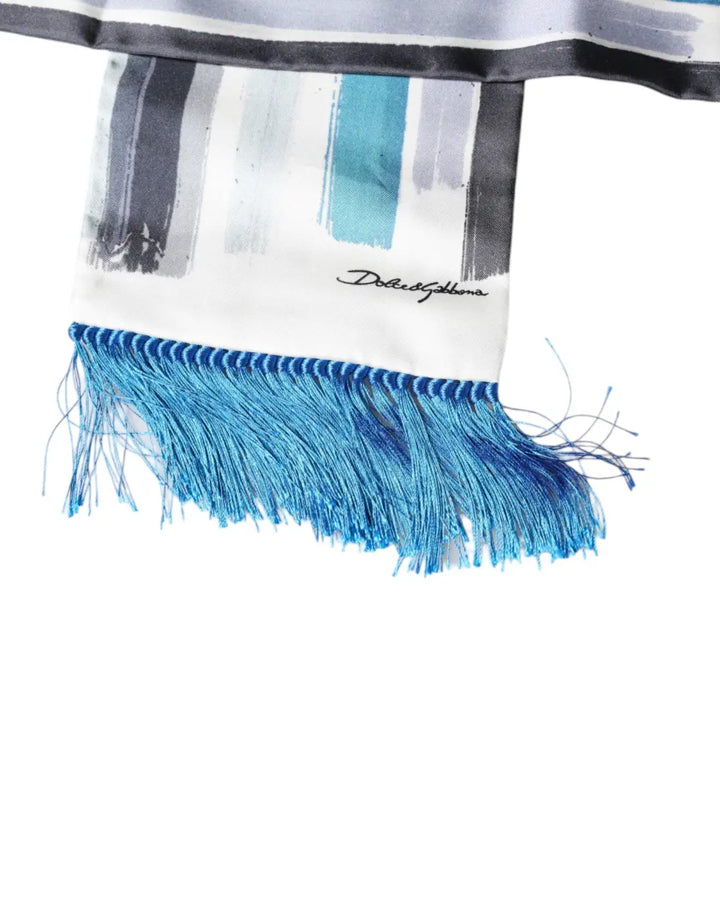 Dolce &amp; Gabbana White Blue Stripes Silk Fringes Wrap Scarf