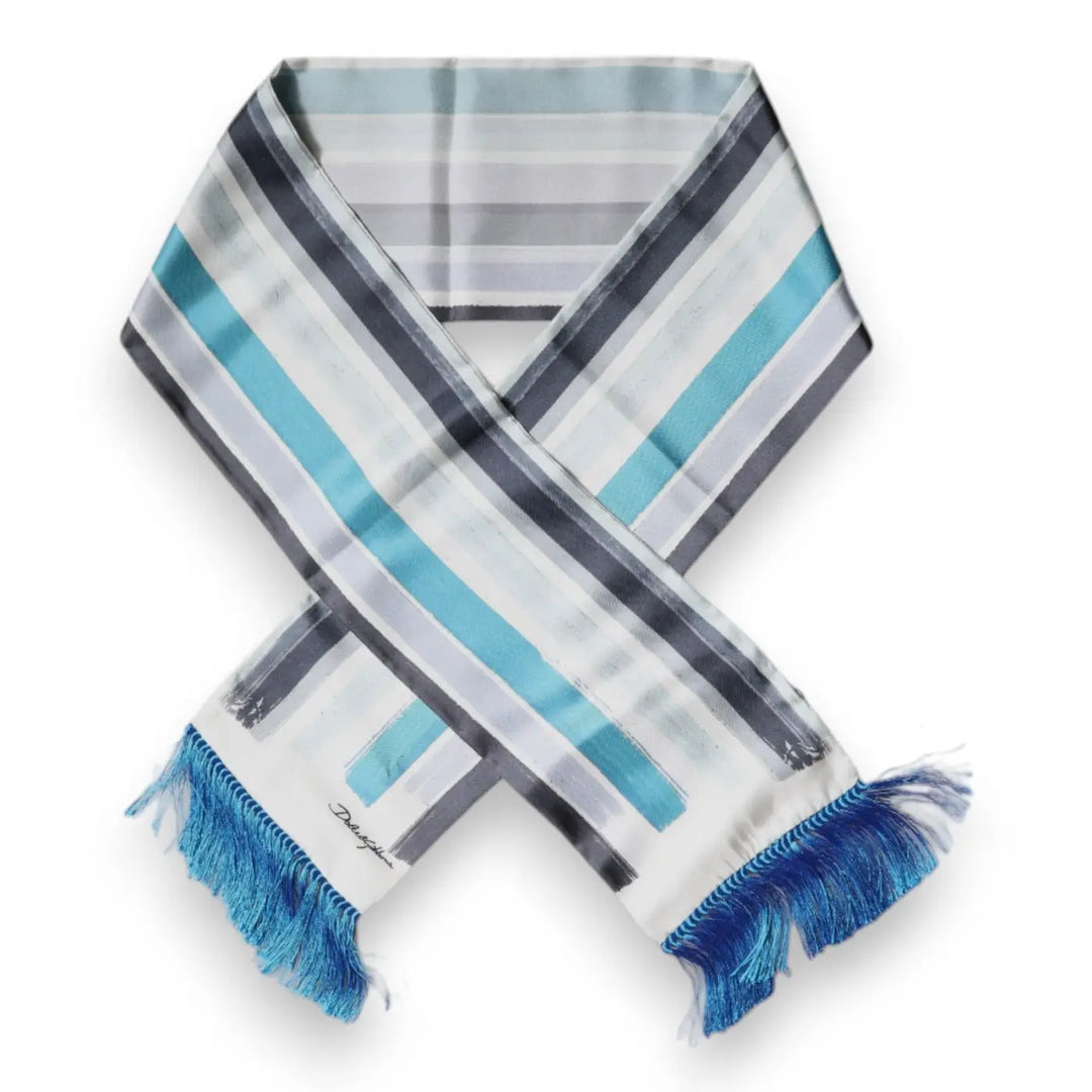 Dolce &amp; Gabbana White Blue Stripes Silk Fringes Wrap Scarf