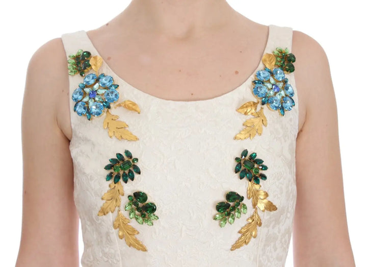 Dolce &amp; Gabbana White Brocade Crystal Sheath Dress