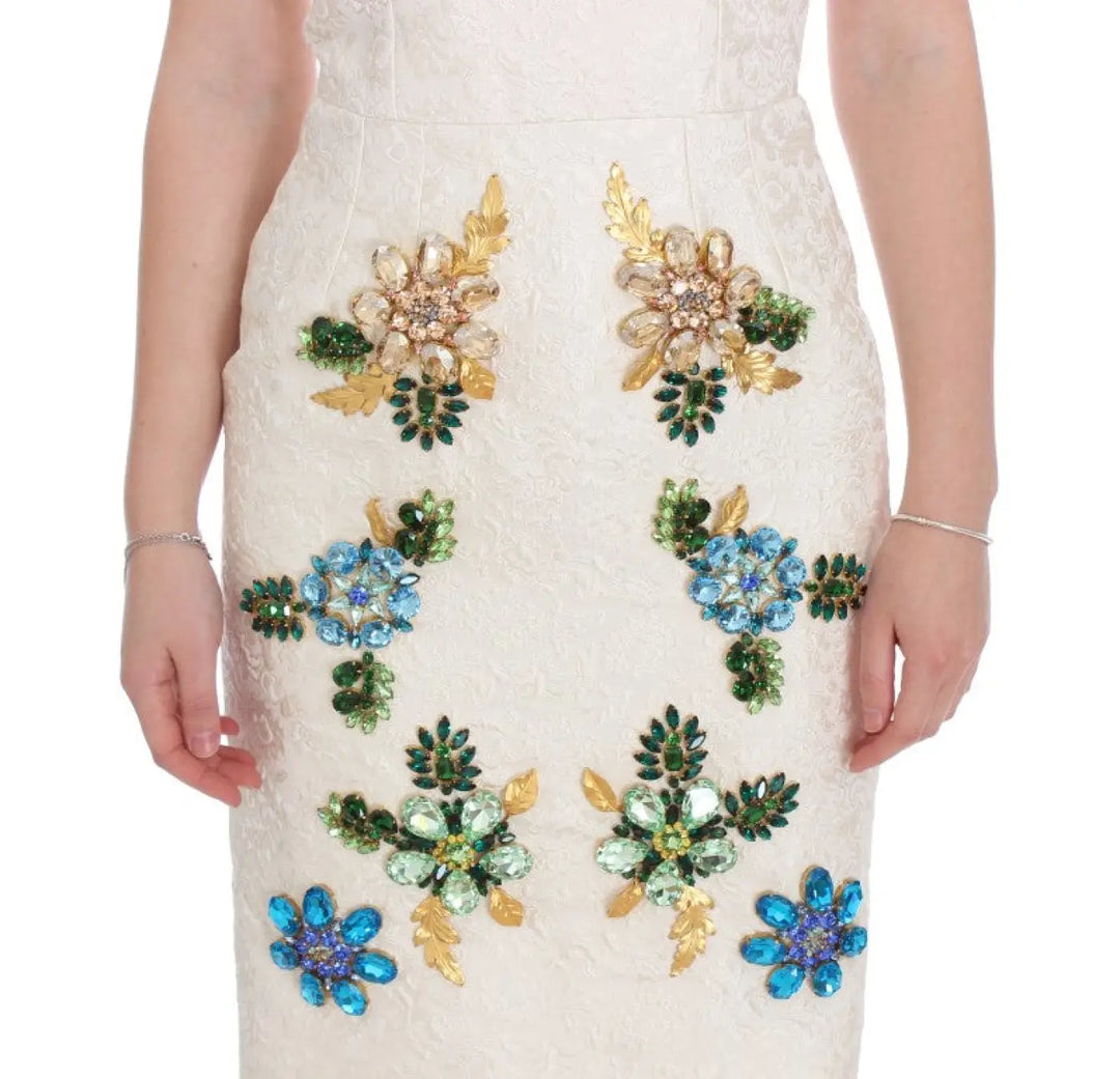 Dolce &amp; Gabbana White Brocade Crystal Sheath Dress