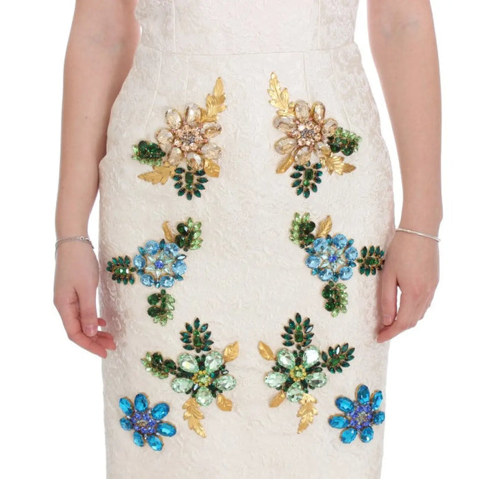 Dolce &amp; Gabbana White Brocade Crystal Sheath Dress