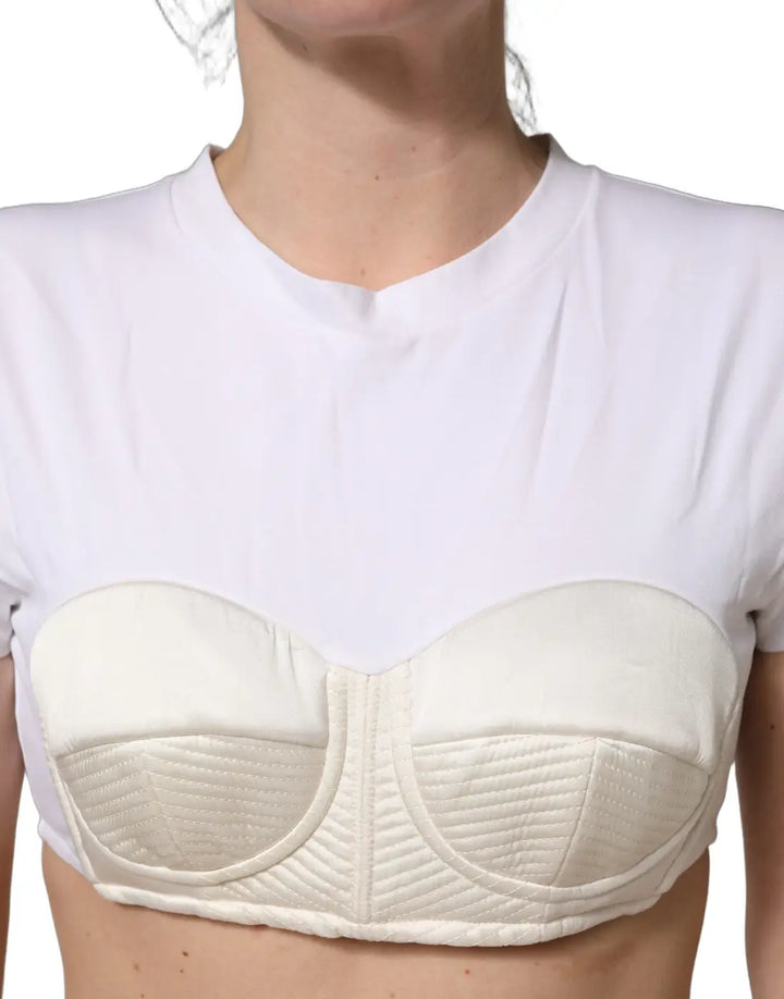 Dolce &amp; Gabbana White Bustier Short Sleeve CrewNeck Cropped Top