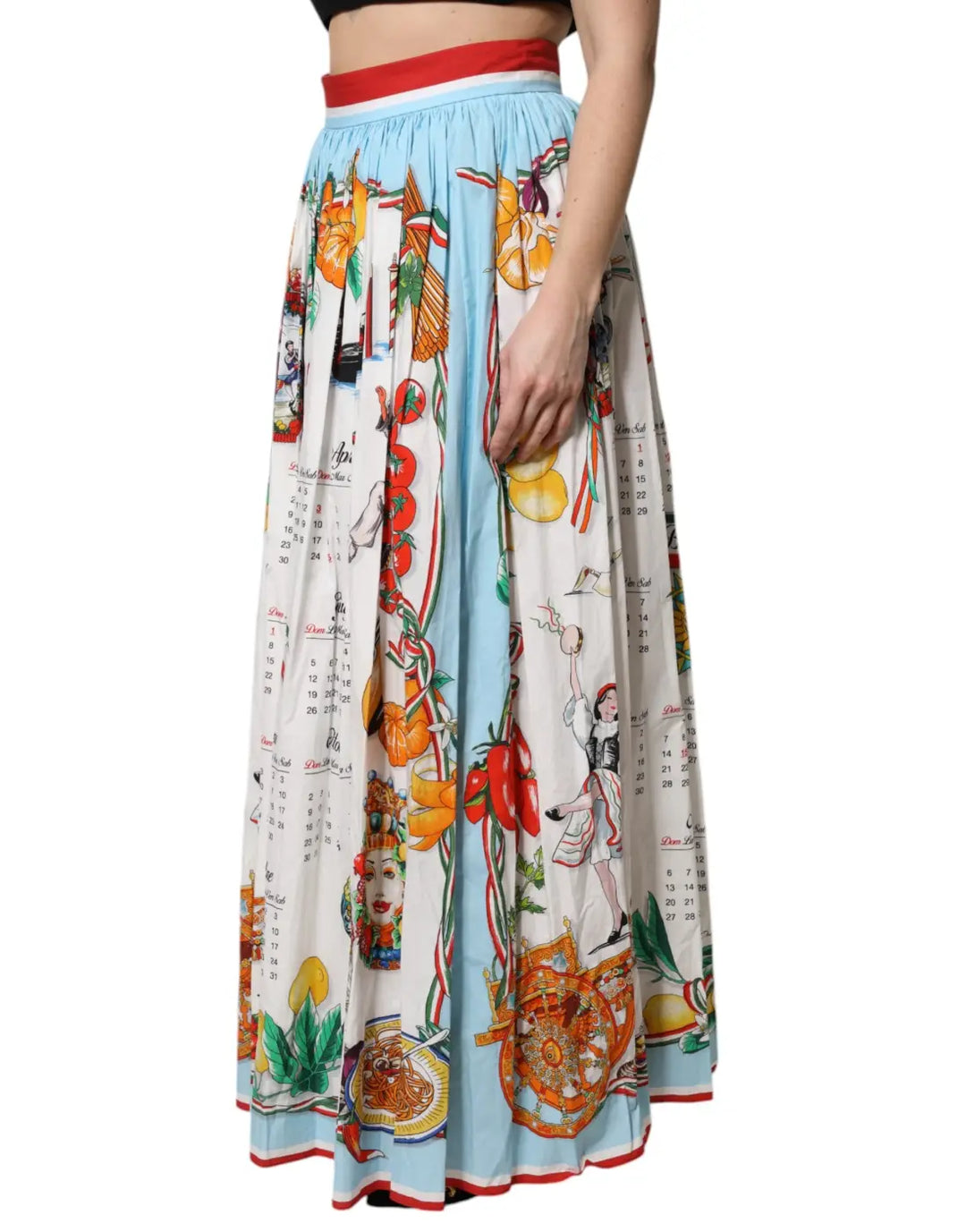Dolce &amp; Gabbana White Calendar Print Cotton Gathered Maxi Skirt