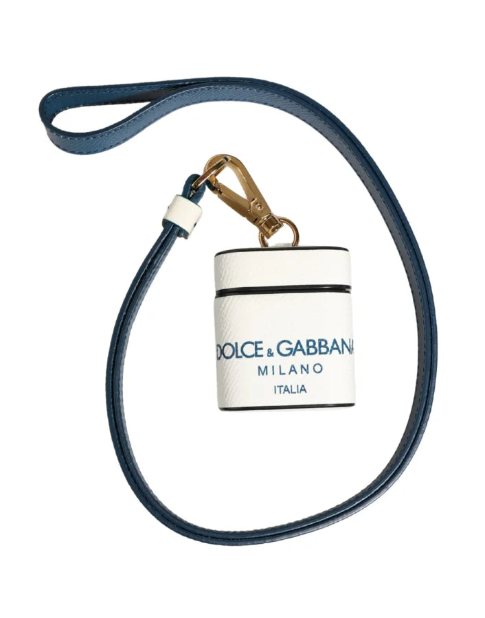 Dolce &amp; Gabbana White Calf Leather Logo Flip Holder Strap Airpods Case