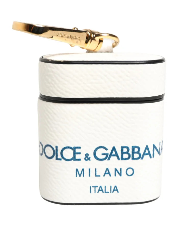 Dolce &amp; Gabbana White Calf Leather Logo Flip Holder Strap Airpods Case