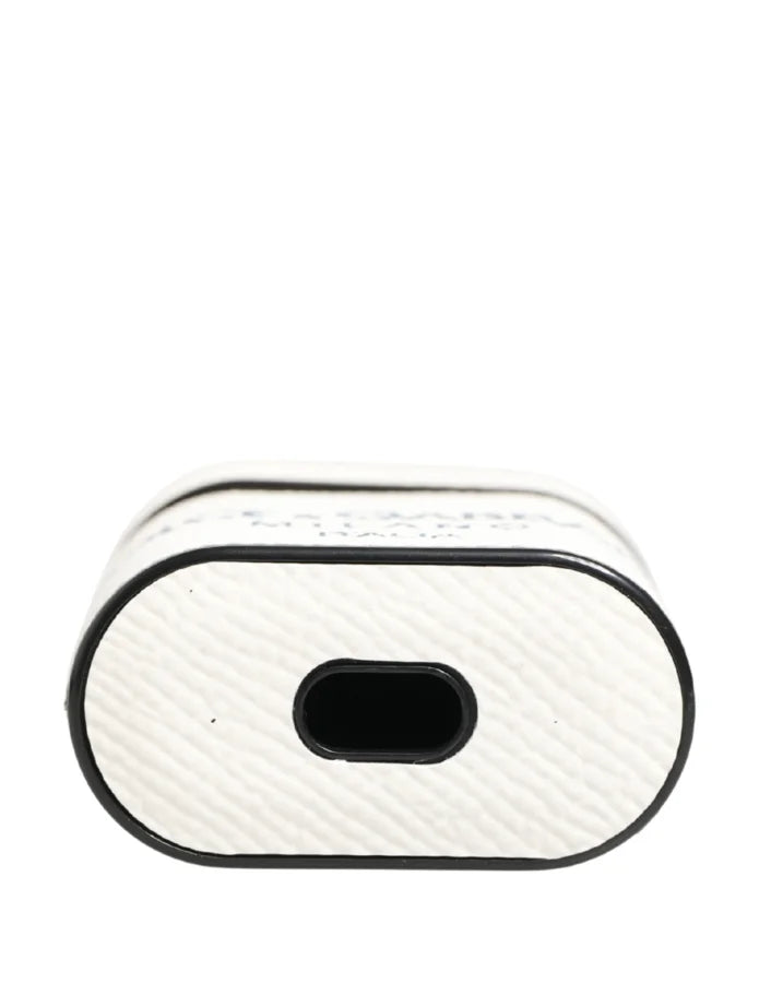 Dolce &amp; Gabbana White Calf Leather Logo Flip Holder Strap Airpods Case