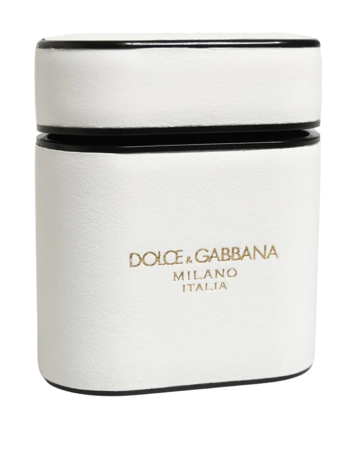 Dolce &amp; Gabbana White Calf Leather Logo Print Flip Holder Airpods Case