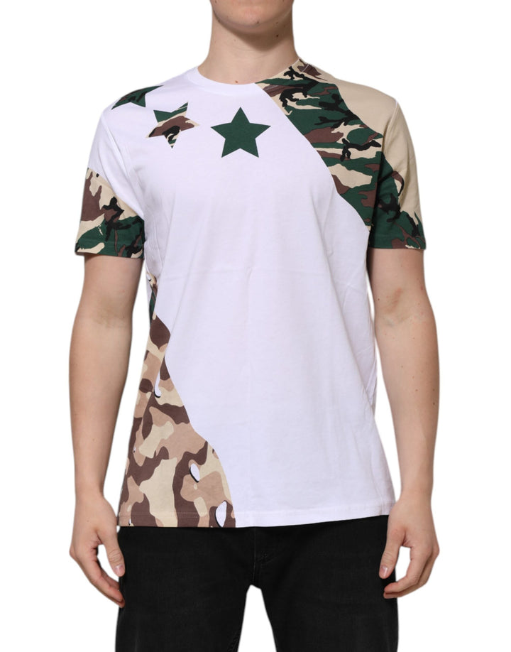 Dolce &amp; Gabbana White Camouflage Cotton Men Crew Neck T-shirt