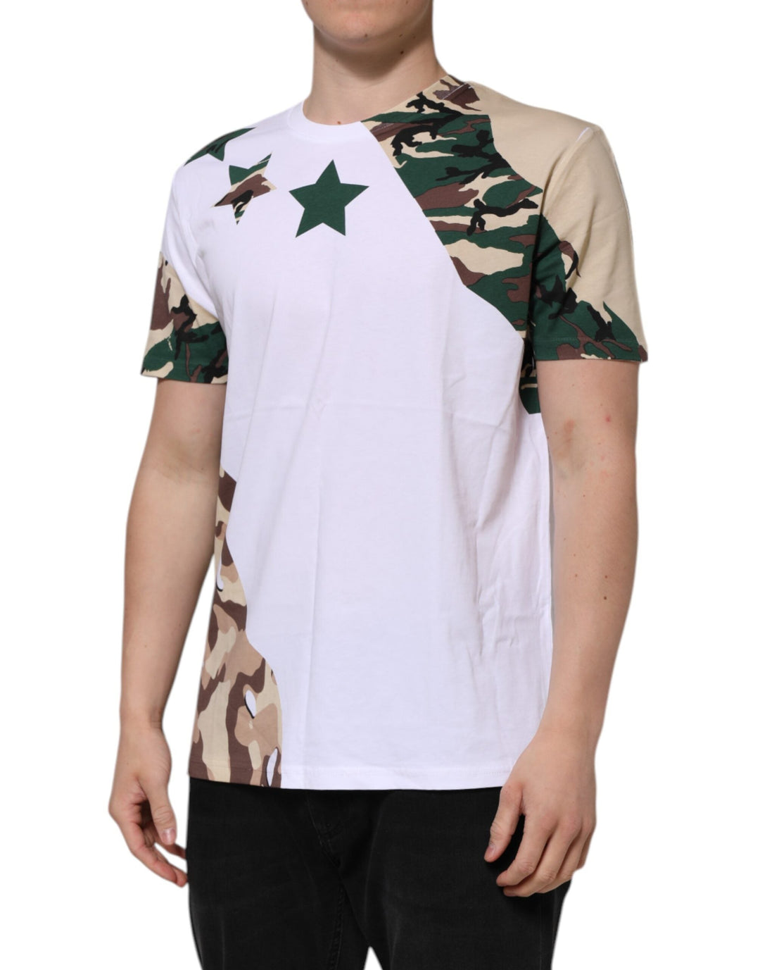 Dolce &amp; Gabbana White Camouflage Cotton Men Crew Neck T-shirt