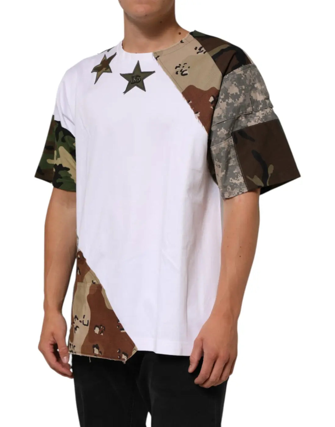 Dolce &amp; Gabbana White Camouflage Patckwork Men Cotton T-shirt