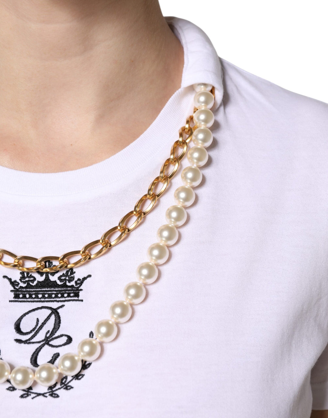 Dolce &amp; Gabbana - White Chain Pearl Cotton Round Neck T-shirt