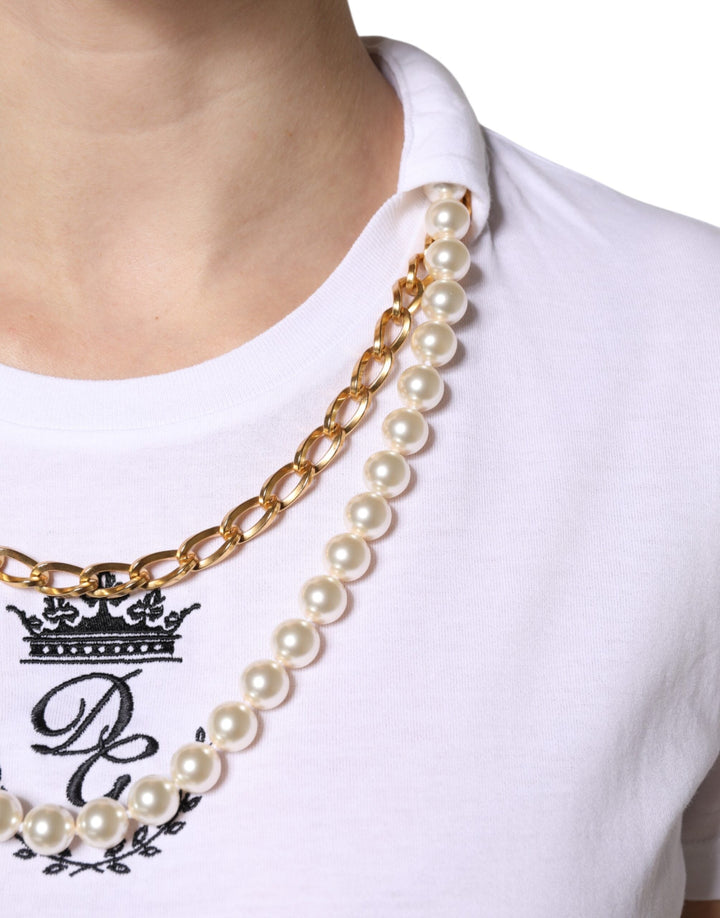 Dolce &amp; Gabbana - White Chain Pearl Cotton Round Neck T-shirt