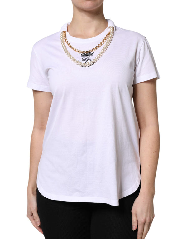 Dolce & Gabbana - White Chain Pearl Cotton Round Neck T-shirt