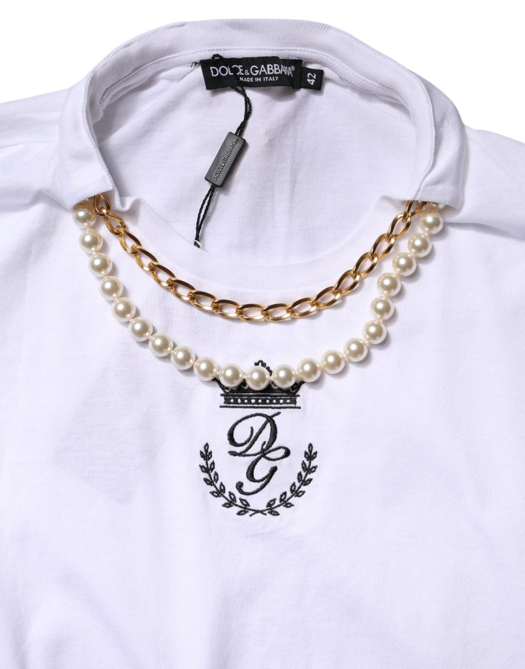 Dolce &amp; Gabbana - White Chain Pearl Cotton Round Neck T-shirt