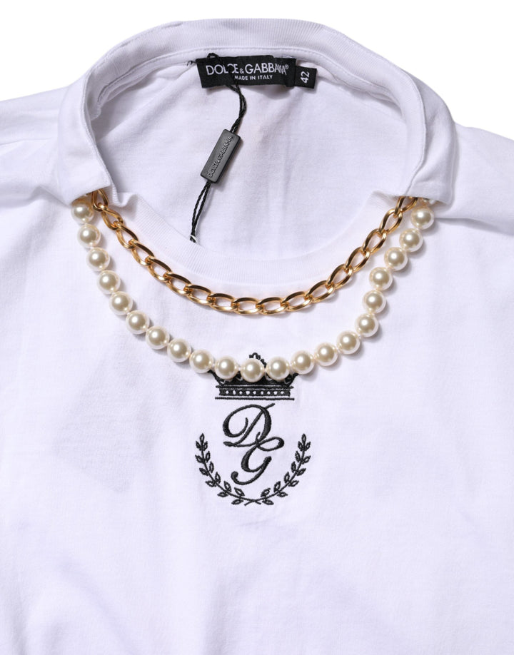 Dolce &amp; Gabbana - White Chain Pearl Cotton Round Neck T-shirt