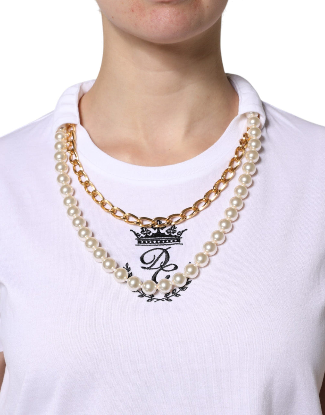 Dolce &amp; Gabbana - White Chain Pearl Cotton Round Neck T-shirt