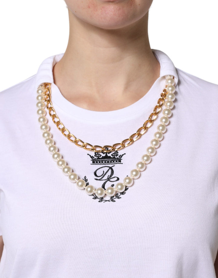 Dolce &amp; Gabbana - White Chain Pearl Cotton Round Neck T-shirt