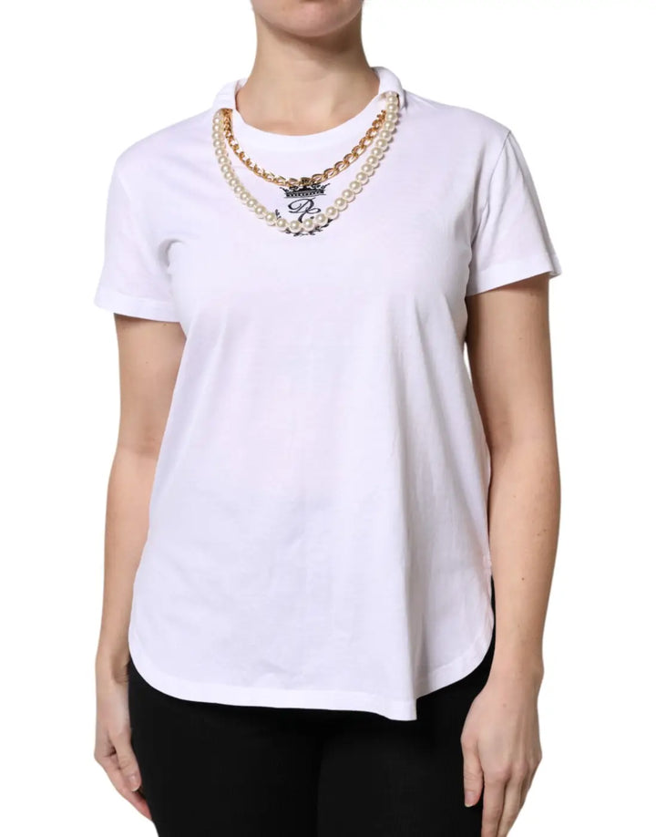Dolce &amp; Gabbana White Chain Pearl Cotton Round Neck T-shirt