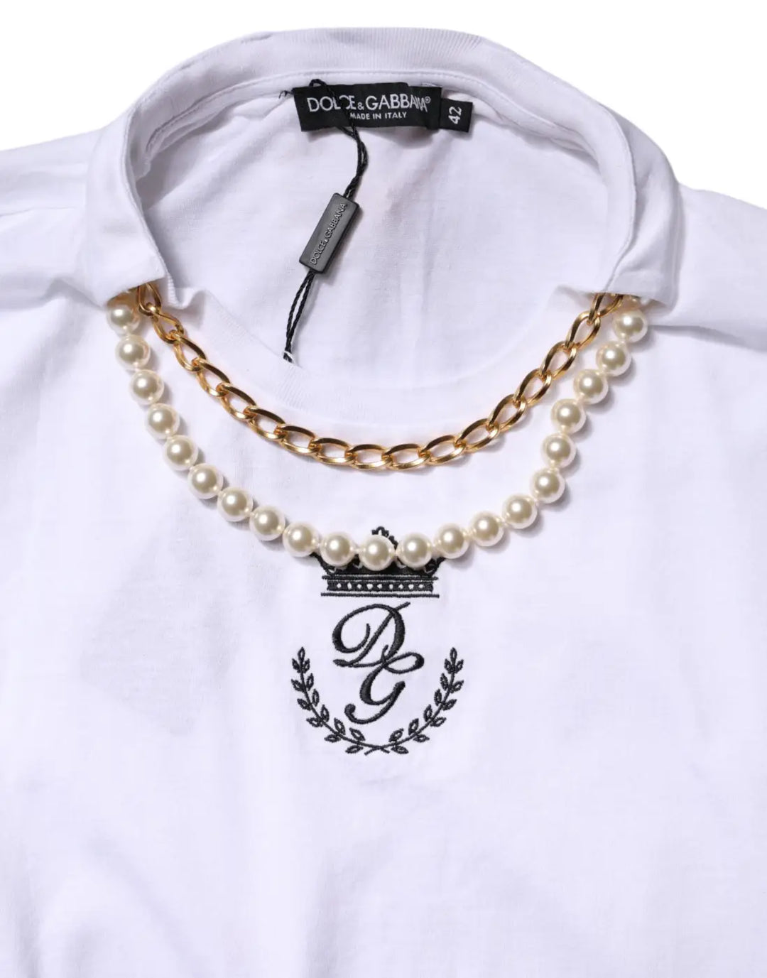 Dolce &amp; Gabbana White Chain Pearl Cotton Round Neck T-shirt