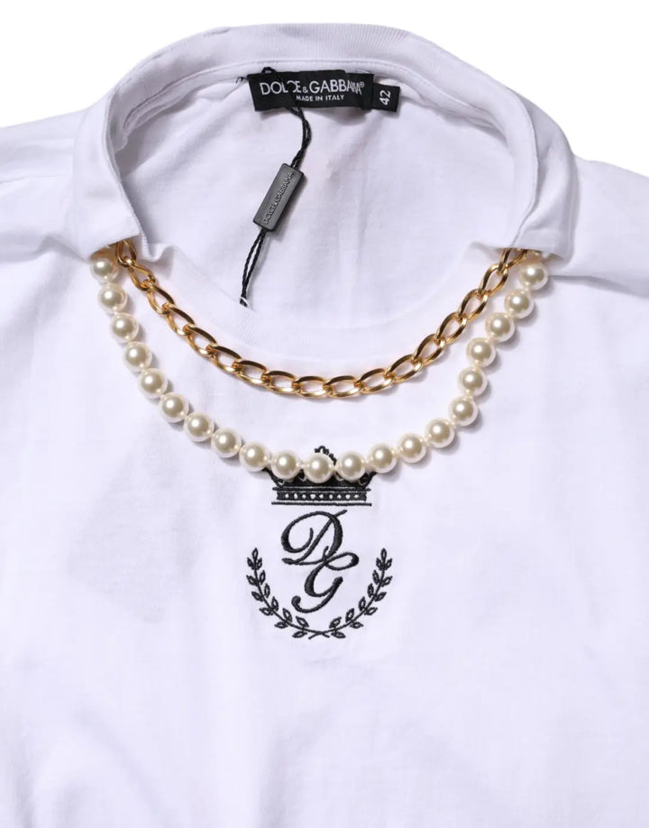 Dolce &amp; Gabbana White Chain Pearl Cotton Round Neck T-shirt