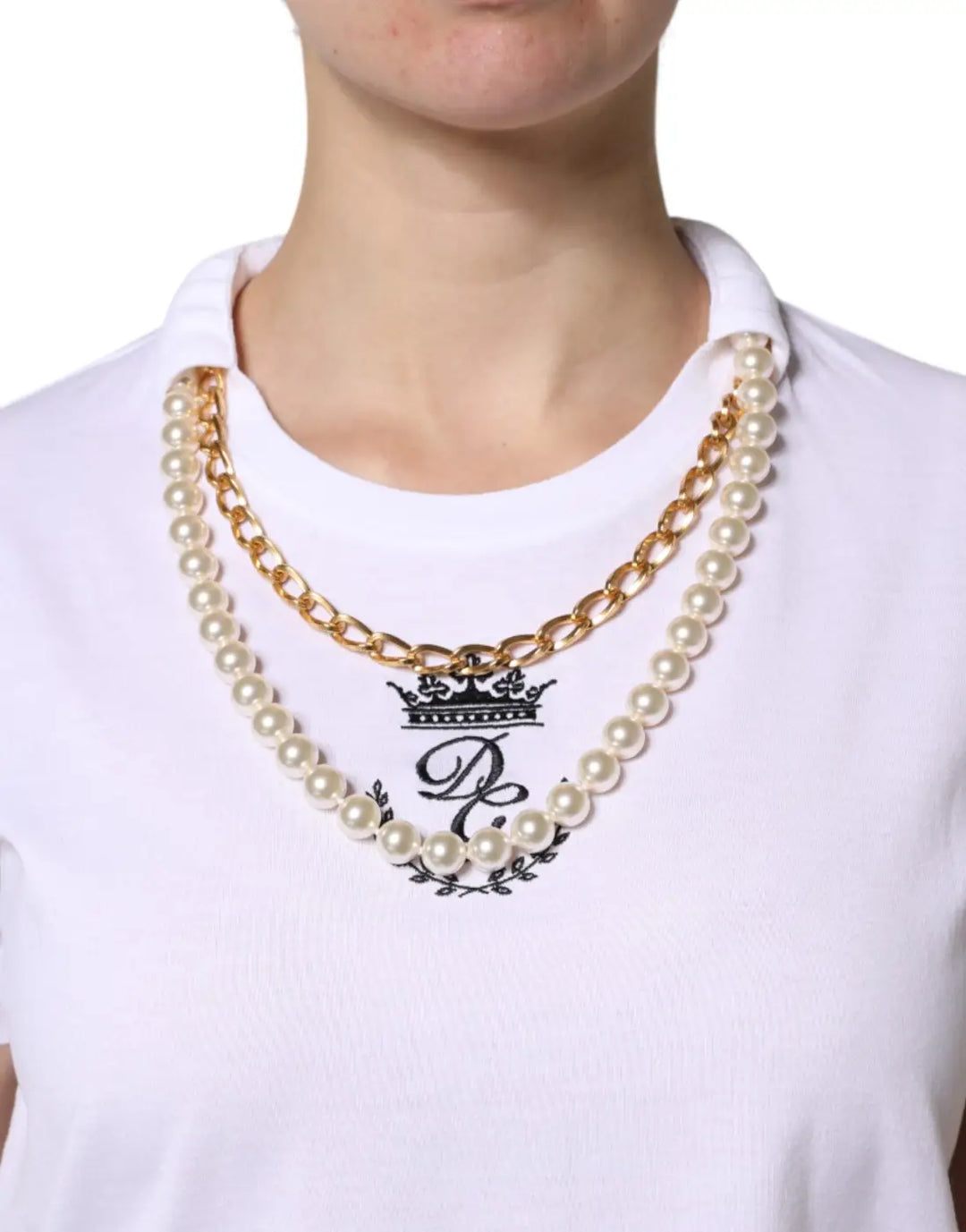 Dolce &amp; Gabbana White Chain Pearl Cotton Round Neck T-shirt
