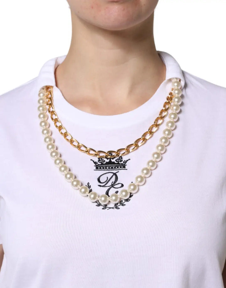 Dolce &amp; Gabbana White Chain Pearl Cotton Round Neck T-shirt