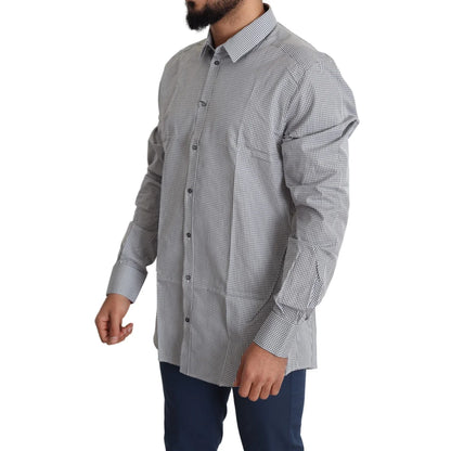 Dolce and Gabbana White Checkered Gold Dress Shirt Luxury Cotton &