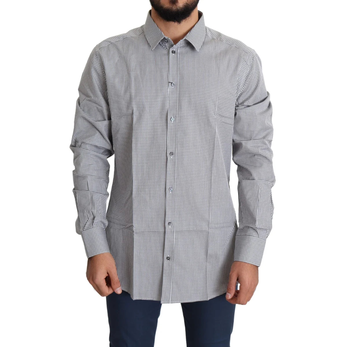 Dolce and Gabbana White Checkered Gold Dress Shirt Luxury Cotton &