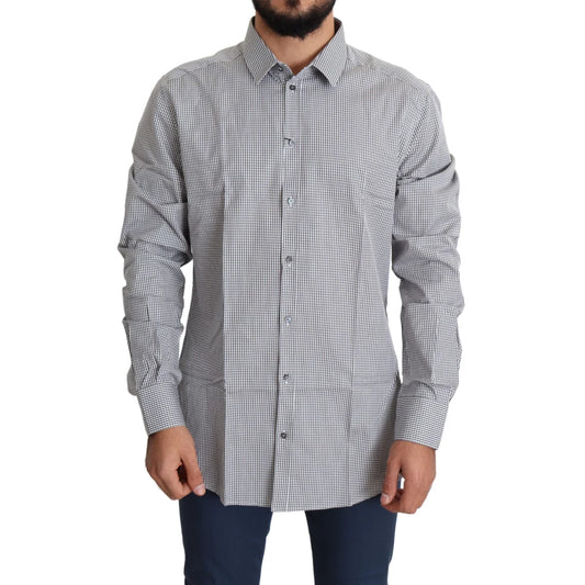 Dolce and Gabbana White Checkered Gold Dress Shirt Luxury Cotton &