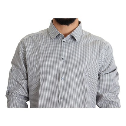 Dolce and Gabbana White Checkered Gold Dress Shirt Luxury Cotton &