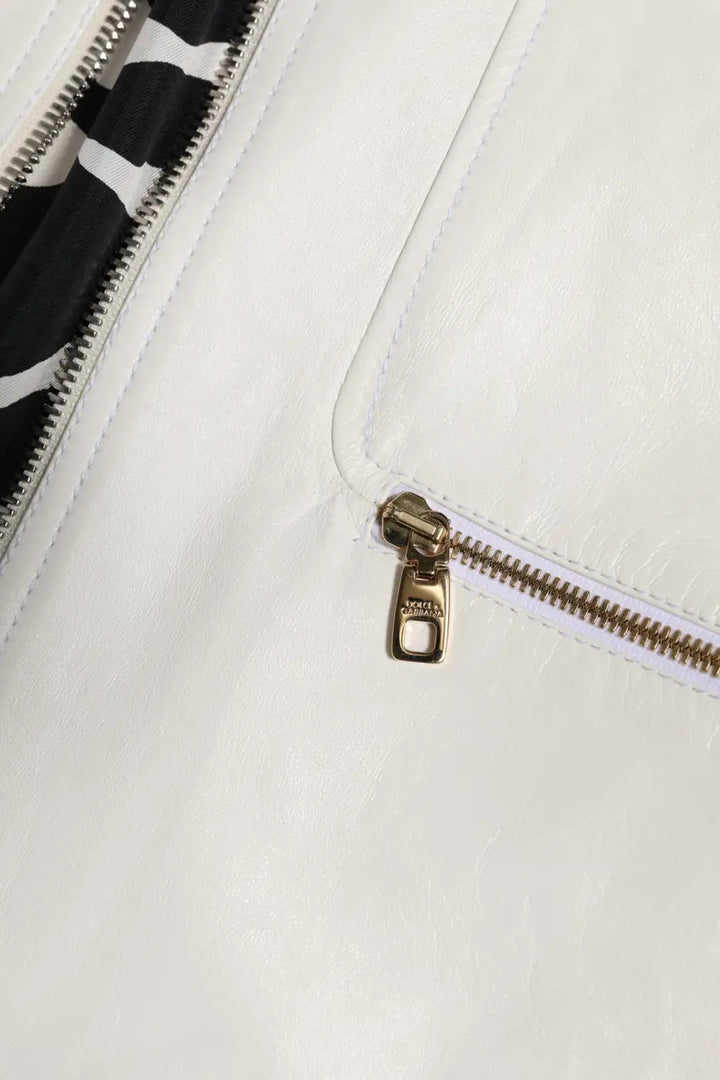Dolce &amp; Gabbana White Collared Full Zip Biker Coat Jacket
