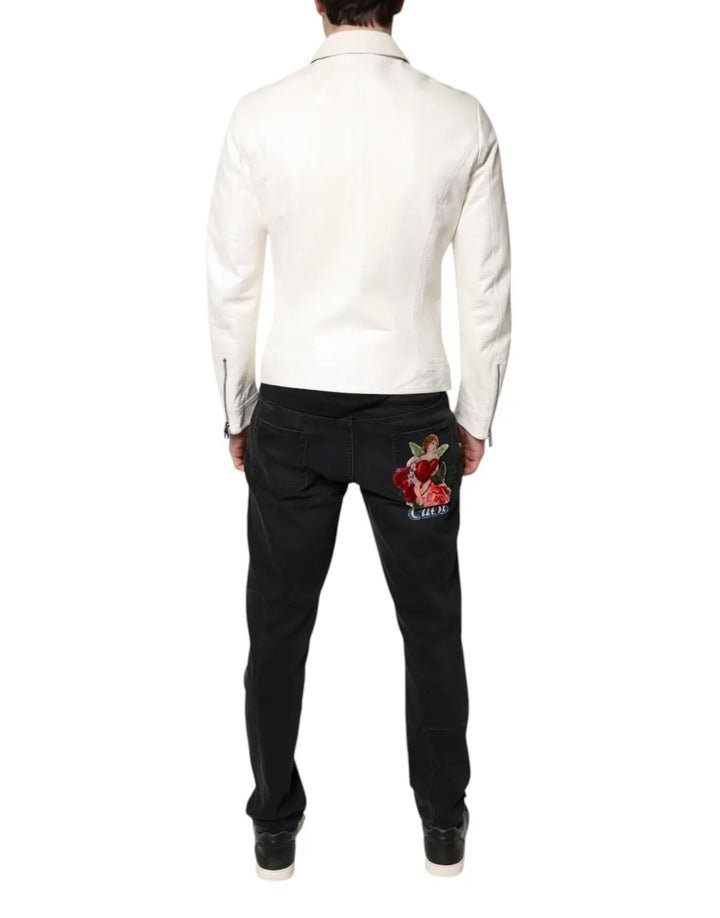 Dolce &amp; Gabbana White Collared Full Zip Biker Coat Jacket