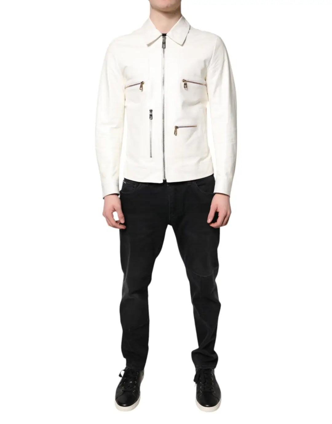Dolce &amp; Gabbana White Collared Full Zip Biker Coat Jacket