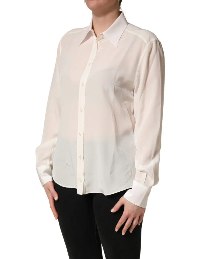 Dolce &amp; Gabbana Off White Collared Long Sleeves Blouse Top