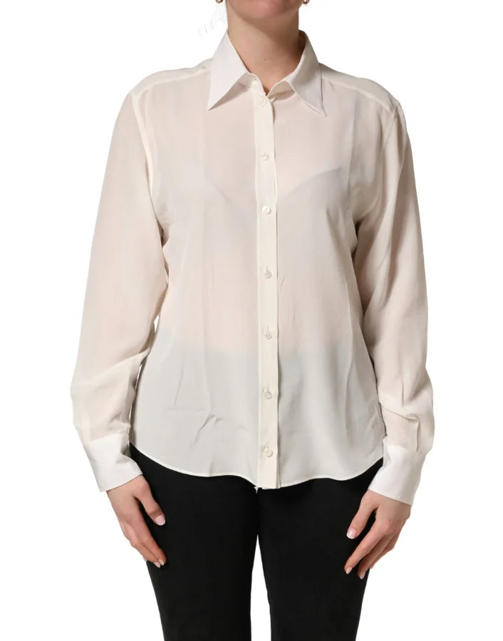 Dolce &amp; Gabbana Off White Collared Long Sleeves Blouse Top