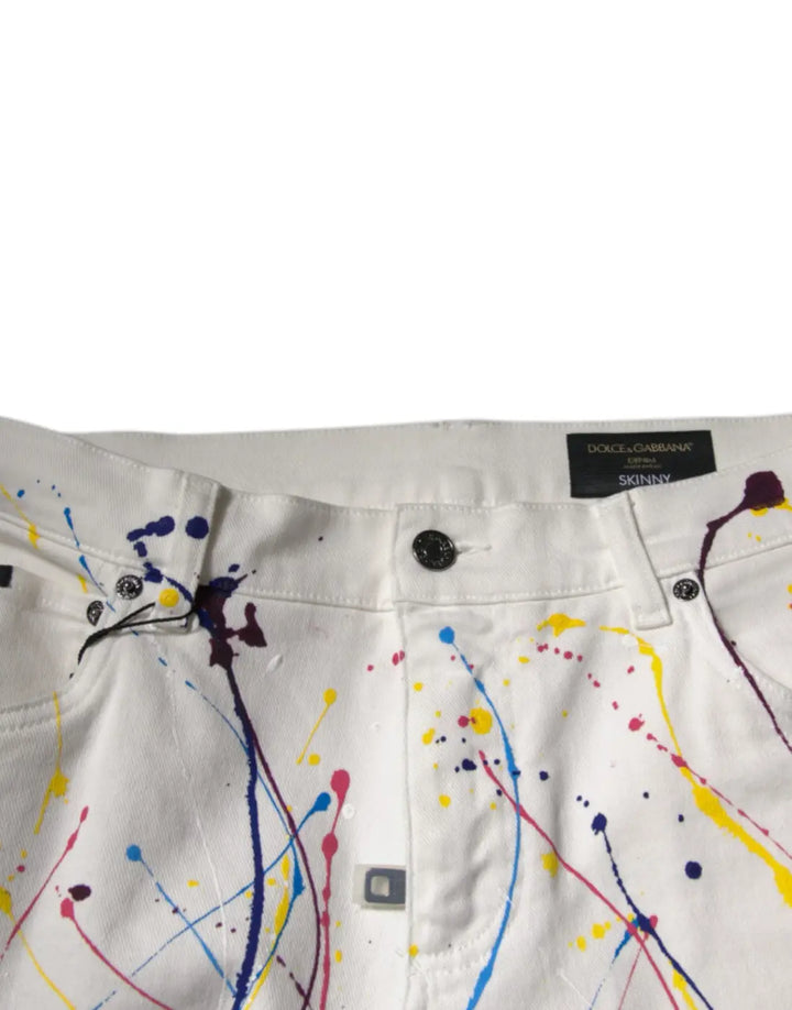Dolce &amp; Gabbana White Color Splash Print Skinny Denim Jeans