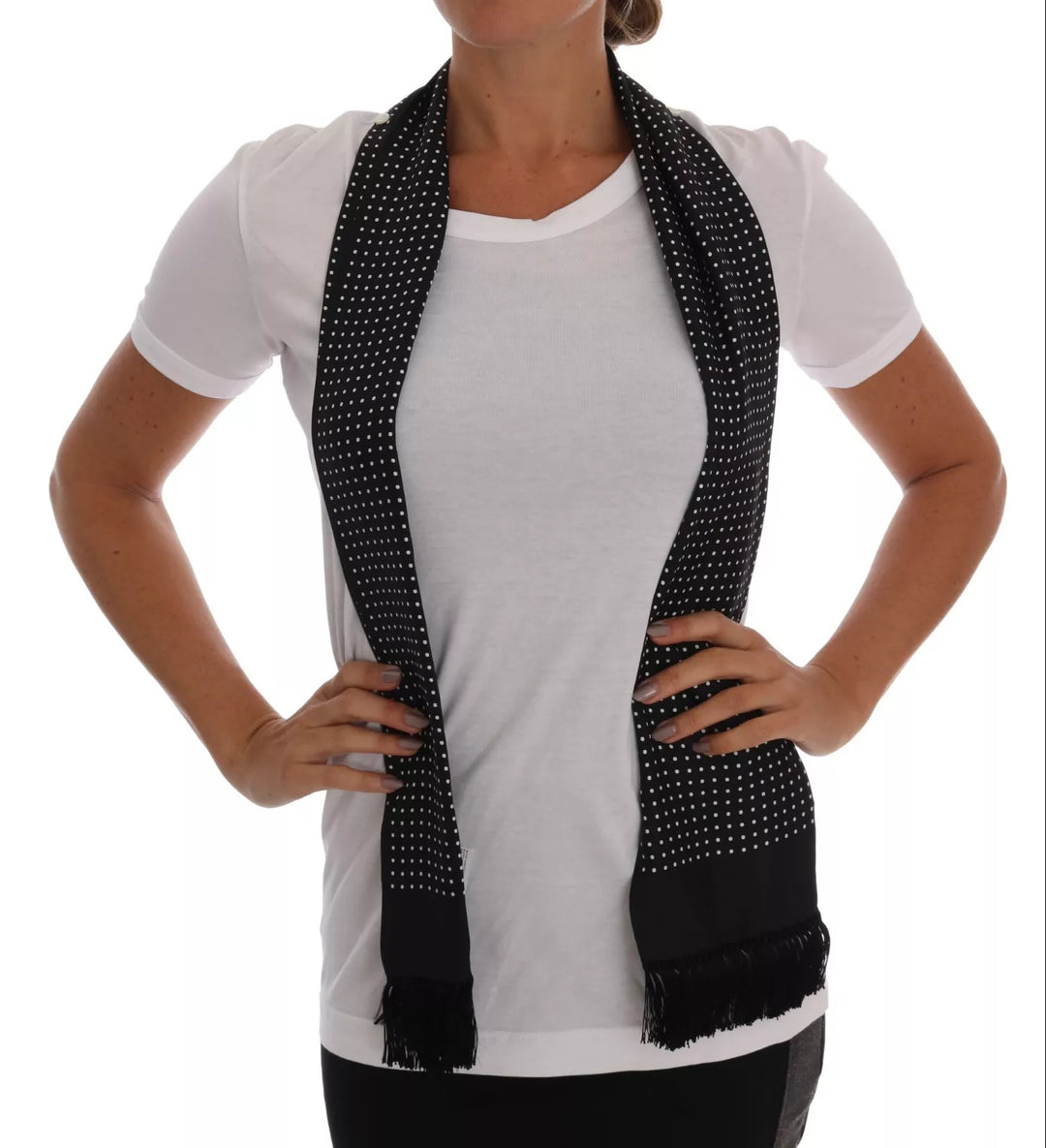 Dolce &amp; Gabbana - White Cotton Black Silk Scarf Top T-shirt