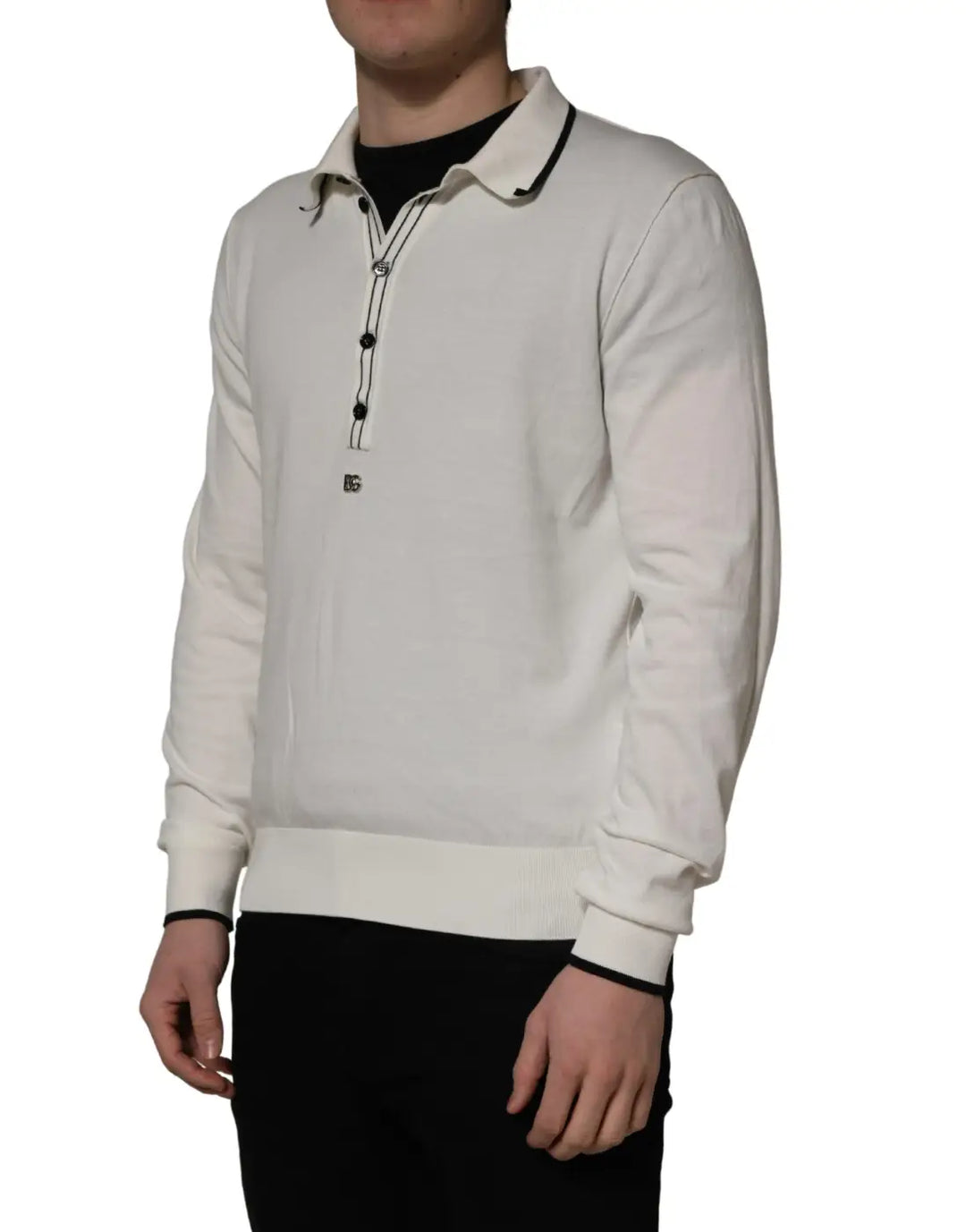 Dolce &amp; Gabbana White Cotton Blend Men Polo Pullover Sweater