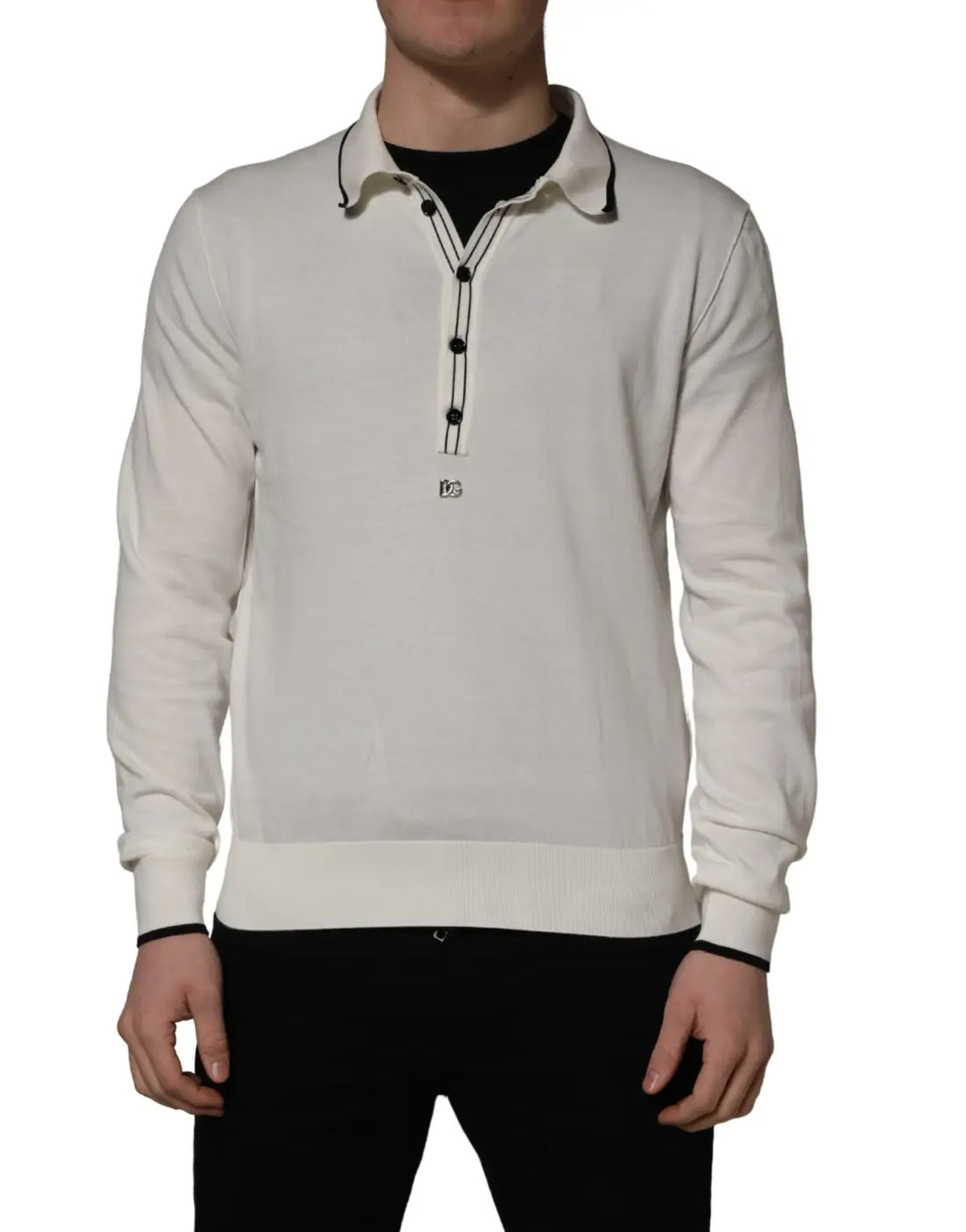 Dolce &amp; Gabbana White Cotton Blend Men Polo Pullover Sweater