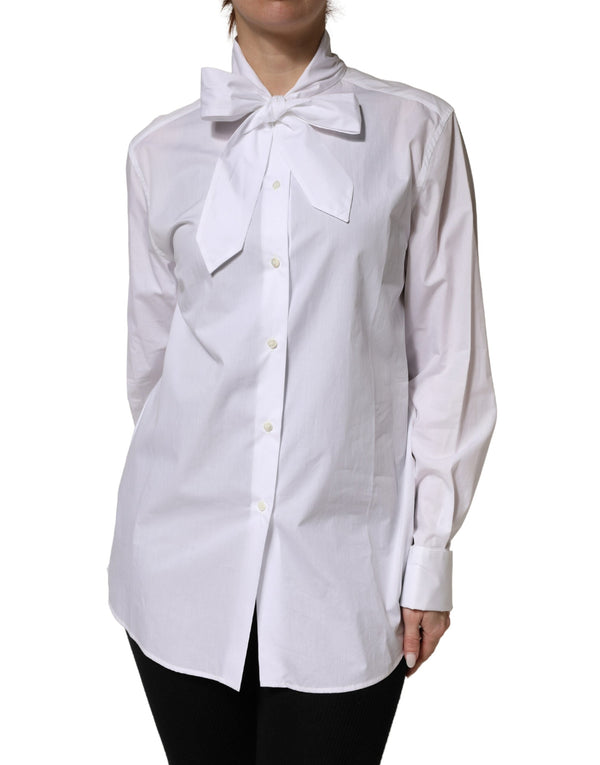 Dolce & Gabbana Blouses - Women’s White Cotton Bow Tie Long Sleeves Blouse Top