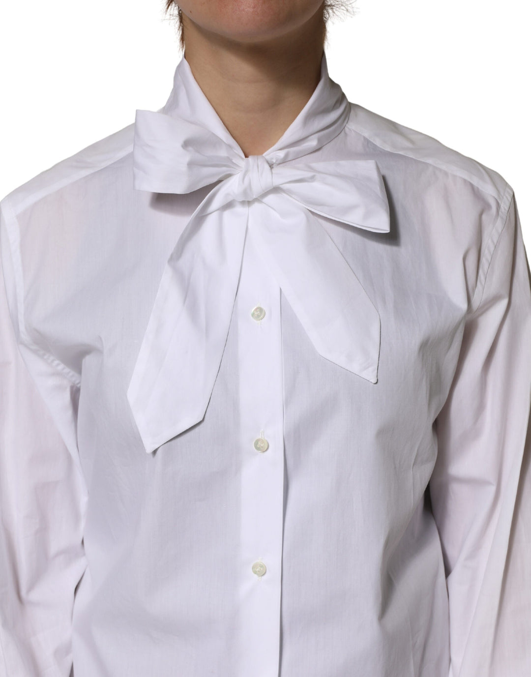 Dolce &amp; Gabbana Blouses - Women’s White Cotton Bow Tie Long Sleeves Blouse Top
