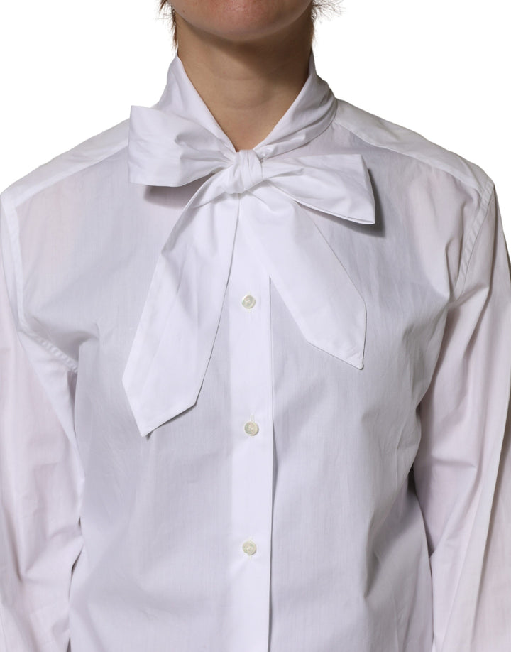 Dolce &amp; Gabbana Blouses - Women’s White Cotton Bow Tie Long Sleeves Blouse Top